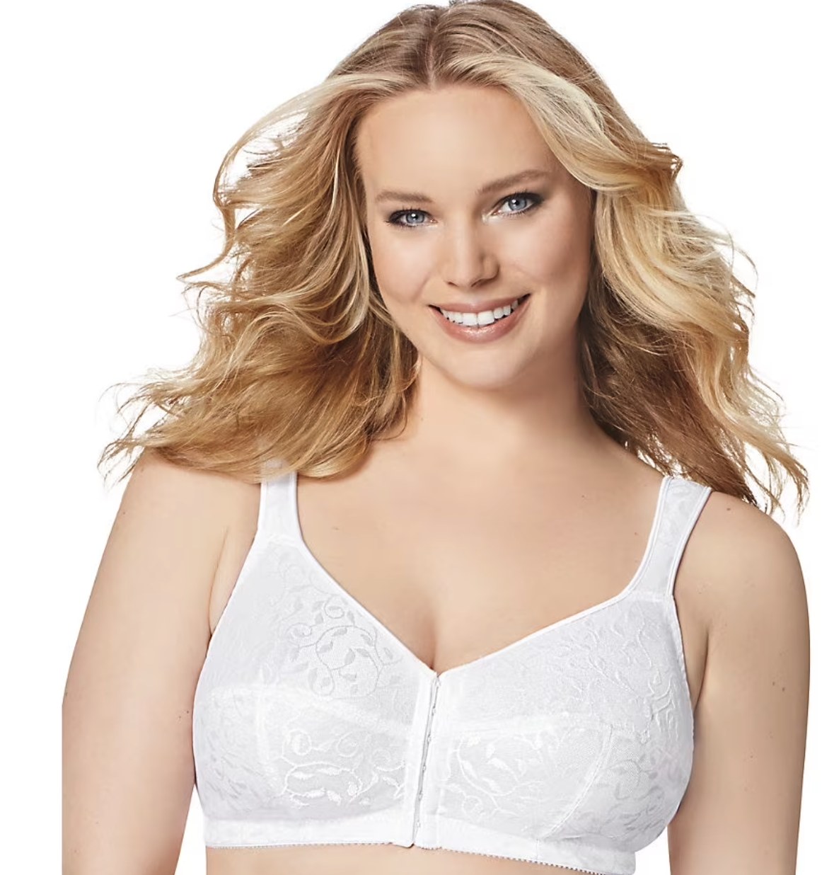 Plus-size model wearing a black underwire bra with decorative fan lace trim along the neckline and straps